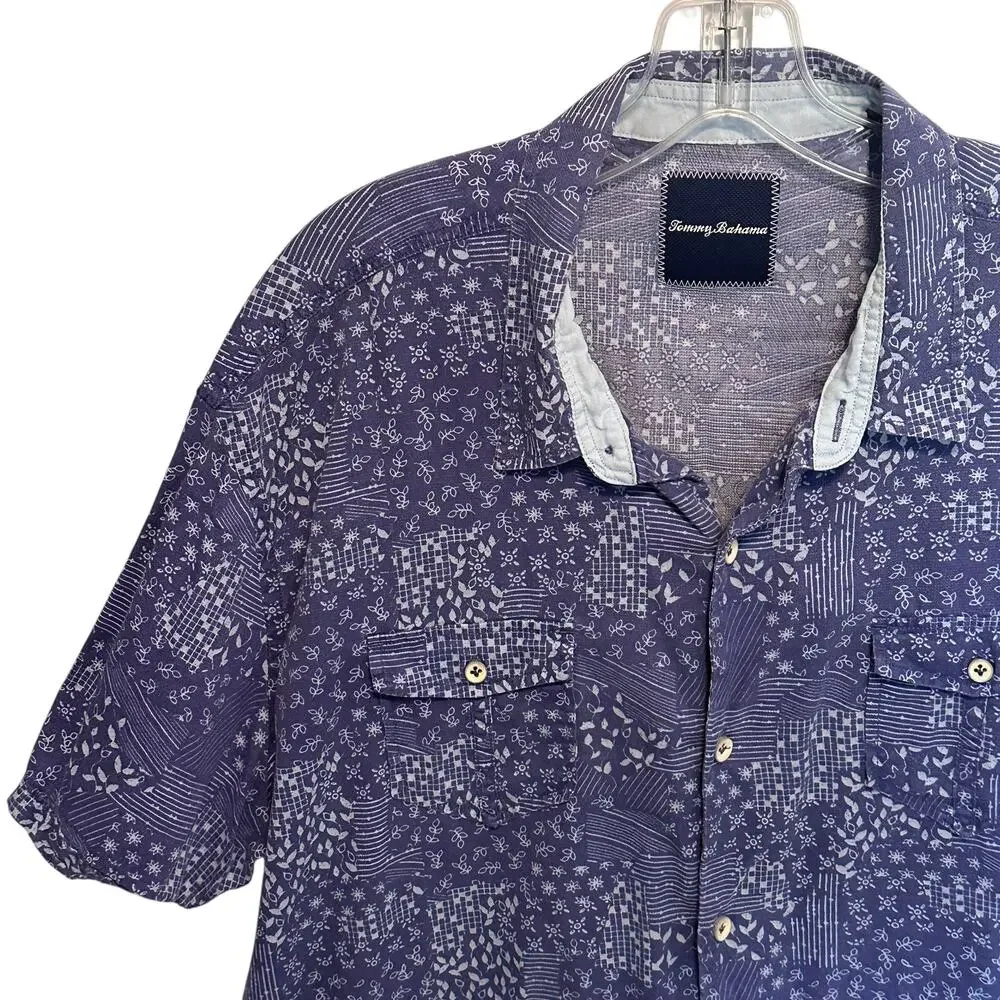Tommy Bahama Mens Camp Shirt Silk Blend Purple Blue Floral Patchwork Button Up